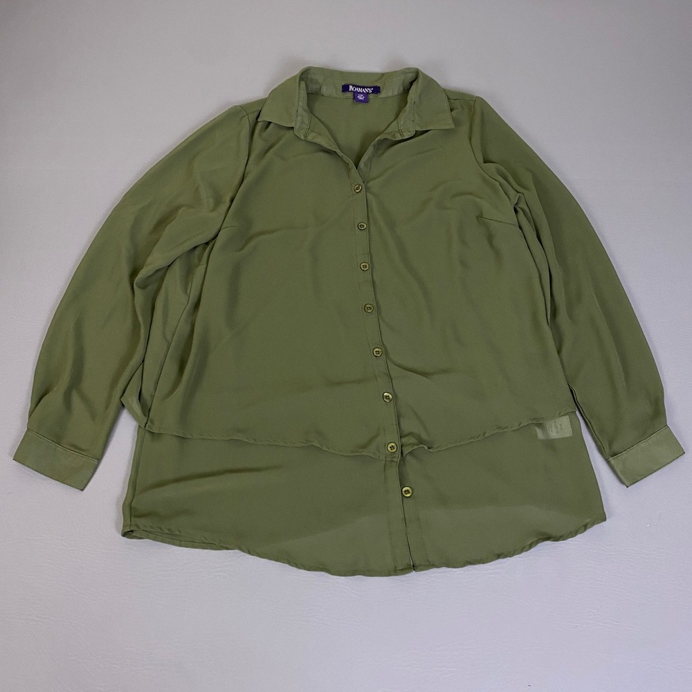 Roamans Button‎ Up Shirt Plus Size 12W Olive Green  Layered Hem Long Sleeve
